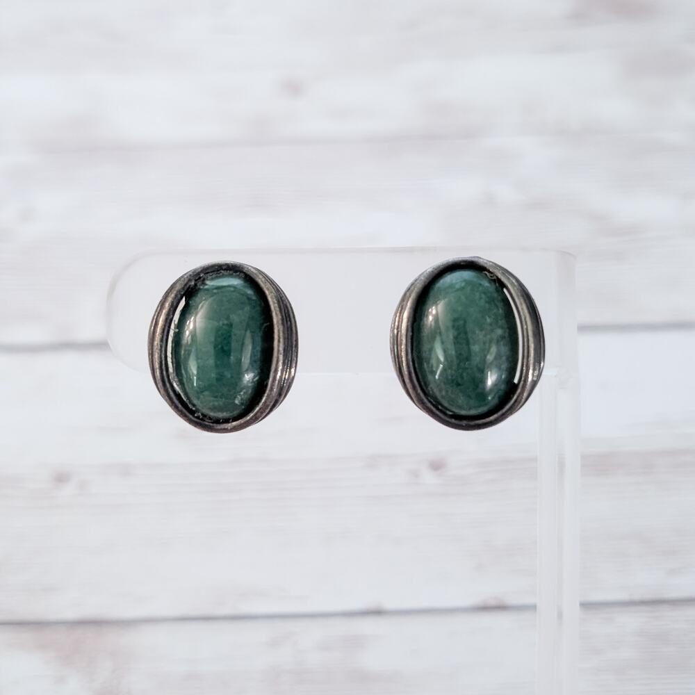 Vintage Clip On Earrings - Dark Green & Silver Tone Oval 7/8" - Statement